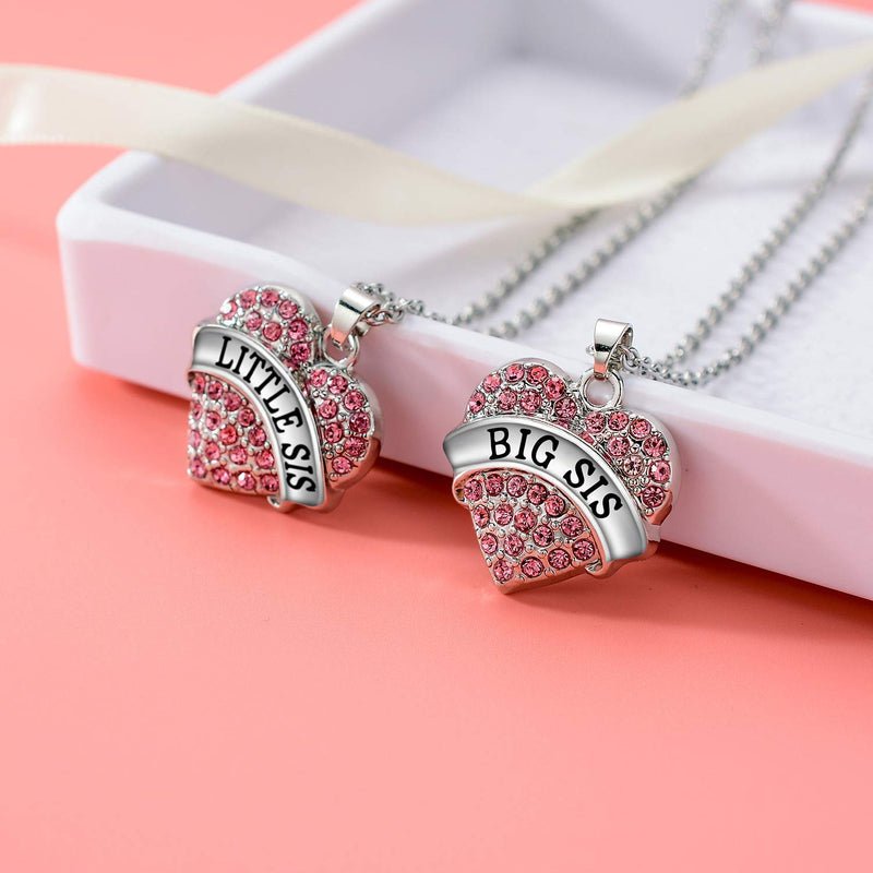 [Australia] - Big Sister Little Sister Necklace Set Big Sis Little Sis Matching Jewelry Girls Crystal Heart Pendant Necklace Pink Big Sis & Little Sis 