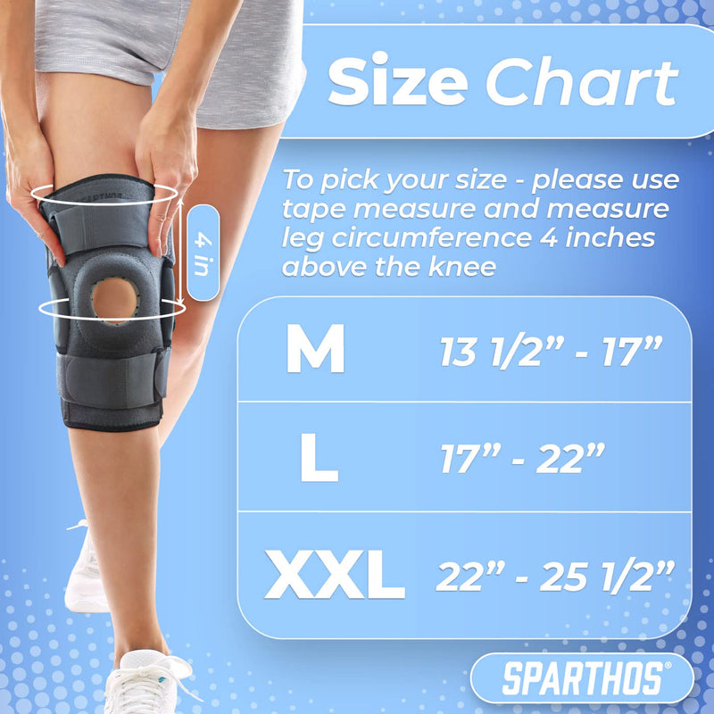 [Australia] - Sparthos Hinged Knee Brace - Relieves ACL, MCL, Meniscus Tear, Arthritis, Tendon Pain - Open Patella Design with Dual Metal Side Stabilizers - Support for Running, Knee Pain, For Men and Women (Large) Gray/Black Large 