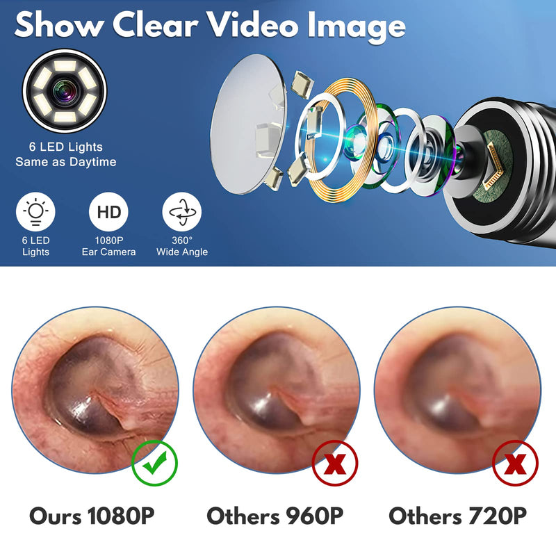 [Australia] - Ear Wax Removal, Hendoct Ear Cleaner Kit, Ear Wax Removal Tool with Camera, with 1080P HD Wireless Ear Otoscope with 6 LED Lights, for Adult, Kids and Pets, for iPhone, iPad, Android Smart Phone Ear picker kits 14pcs Black 