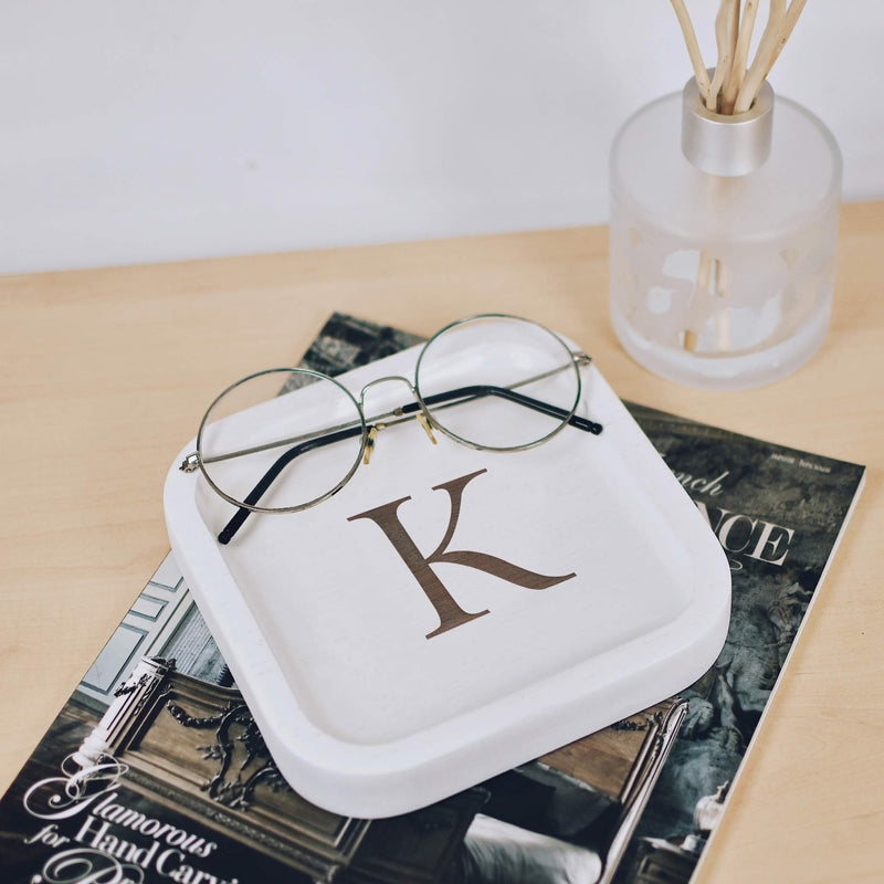 [Australia] - Solid Wood Personalized Initial Letter Jewelry Display Tray Decorative Trinket Dish Gifts For Rings Earrings Necklaces Bracelet Watch Holder (6"x6" Sq White "K") 6"x6" Sq White "K" 