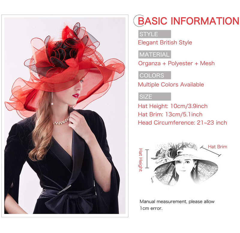 [Australia] - Z&X Women's Kentucky Derby Church Hat Organza Wide Brim Ruffle Fasciantor Hats for Wedding Tea Party with Clip, Dual-use 02d Red and Black 