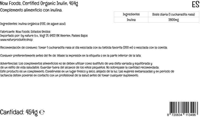 [Australia] - Now Foods, Certified Organic Inulin (Organic Inulin) from Blue Agave, Dietary Fibre, 454g Vegan Powder, Lab-Tested, Soy Free, Gluten Free, Non-GMO, Vegetarian 