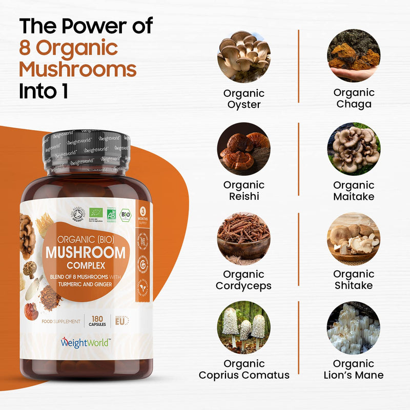 [Australia] - Organic Mushroom Complex 8 - 1000mg – 180 Vegan Mushroom Capsules - 8 Mushrooms Blend (Lion's Mane, Reishi, Chaga, Cordyceps, Shitake, Oyster, Maitake, Coprius) with Turmeric & Ginger – Non-GMO 