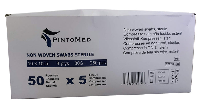 [Australia] - PintoMed - Non-Woven Swabs Sterile, Soft Wound Care, Absorbent, First Aid, 10cm x 10cm 4Plys - Pack of 250 Pcs, 50 Pouches, 5 per Pouch 