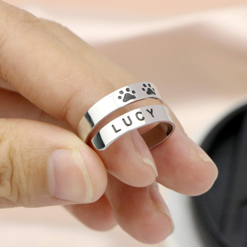 [Australia] - Yiyang Custom Dog Name Ring Stainless Steel Paw Print Adjustable Rings Dainty Dog Memorial Sympathy Gifts for Women Men Girls Her Pet Dog Cat Lover Pet Jewelry Christmas for Friends BEAU 