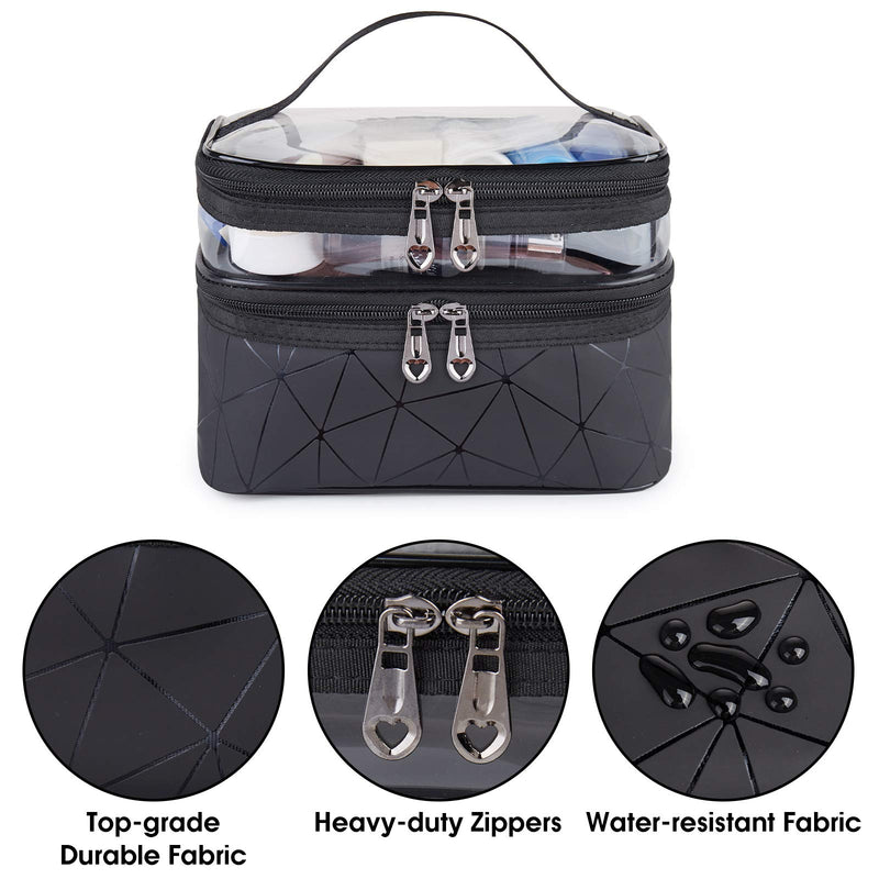 [Australia] - WANDF Double Layer Makeup Bag Large Cosmetic bag Clear Travel Cosmetic Case Toiletry Bag Water-resistant for Women Girl Camping College (Black) Black 