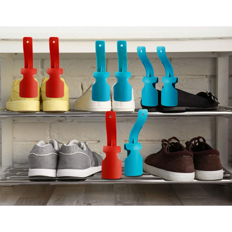 [Australia] - 4 Pieces Lazy Shoe Helper Portable Sock Shoe Slider Travel Handled Shoe Horn Shoe Lifting Wearing Helper Tool Easy on Easy Off Plastic Shoehorn One Size Fits Most Shoes All Age, Blue/Red 