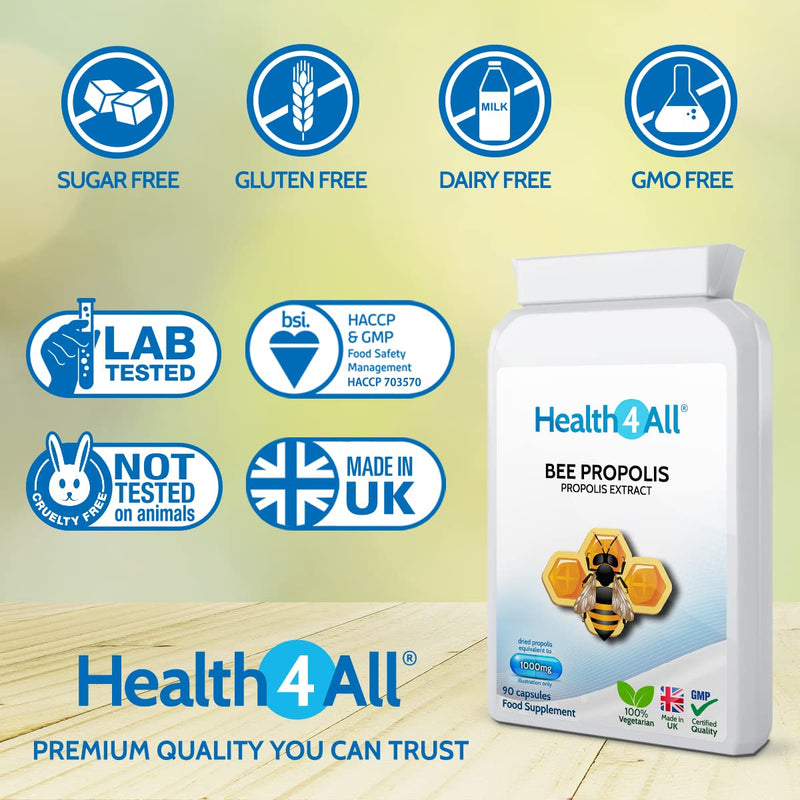 [Australia] - Bee Propolis High Strength 1000mg 90 Capsules (V) . Immune Support Natural Supplement Rich in Functional antioxidants. Made in The UK by Health4All 90 Count (Pack of 1) 