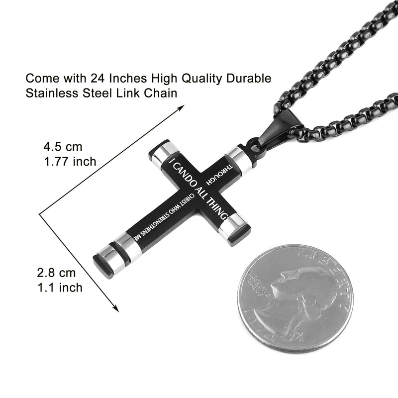 [Australia] - HZMAN Philippians 4:13 Cross Pendant STRENGTH Bible Verse Stainless Steel Necklace 3 Colors Available Black 