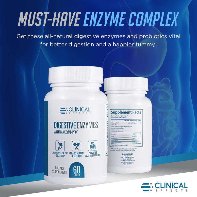 [Australia] - Clinical Effects Digestive Enzymes with Makzyme-Pro - Gut Health Enzyme and Probiotic Supplement to Support Digestion, Nutrient Absorption, Digestive Comfort - 60 Vegan Supplement Capsules - USA Made 