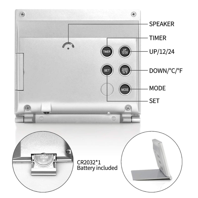 [Australia] - Betus Digital Travel Alarm Clock with Backlight - Foldable Calendar Temperature Timer LCD Clock with Snooze Mode - Large Number Display, Battery Operated - Compact Desk Clock for All Ages (Silver) 