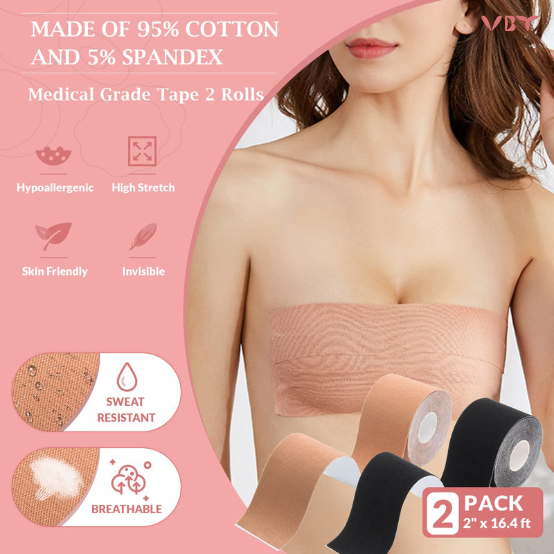 [Australia] - 2 Pack Boob Tape - Breast Lift Tape, Body Tape for Breast Lift w 2 Pcs Silicone Breast Petals Reusable Adhesive Bra& 2 Pcs Fabric Nipple Covers, Bob Tape for Large Breasts A-G Cup, Black&Nude 2" Nude&black 