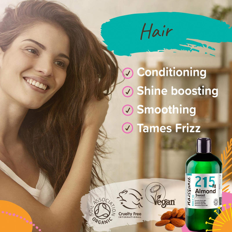 [Australia] - Naissance Certified Organic Sweet Almond Oil (no. 215) 500ml ‚Äì For Skin Hair Massage Nails Ears Face Body Stretch Marks - Natural Skin Care Cold Pressed Unrefined Food Grade Carrier Oil Aromatherapy 