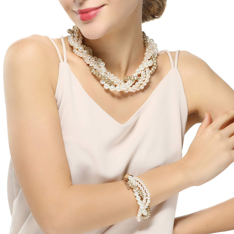 [Australia] - Large Pearl Necklace Costume Jewelry Sets for Women,Twist Multi-strand Pearl Statement Necklace Earrings and Pearl Bracelets for Women 