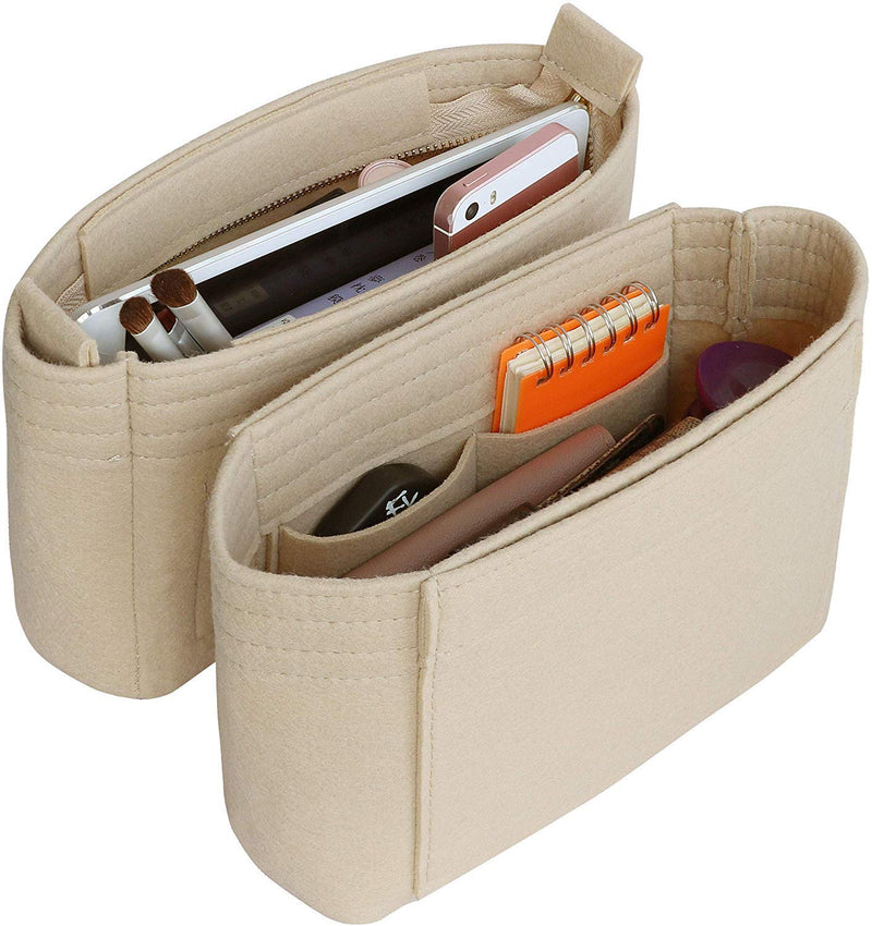 [Australia] - HyFanStr Felt Insert Bag Organizer with Zipper, Small Handbag Purse Organizer Tote Liner Pouch for Women, 2 Piece Set … 7.5"L x 2.8"W x 5.5"H Beige 