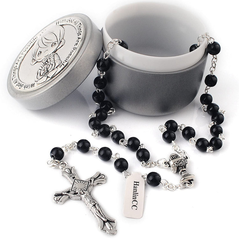 [Australia] - HanlinCC Girls and Boys First Communion Rosary Necklace with Silver Zinc Alloy Rosary Box Black Pearl First Communion Rosary with Box for Boy 