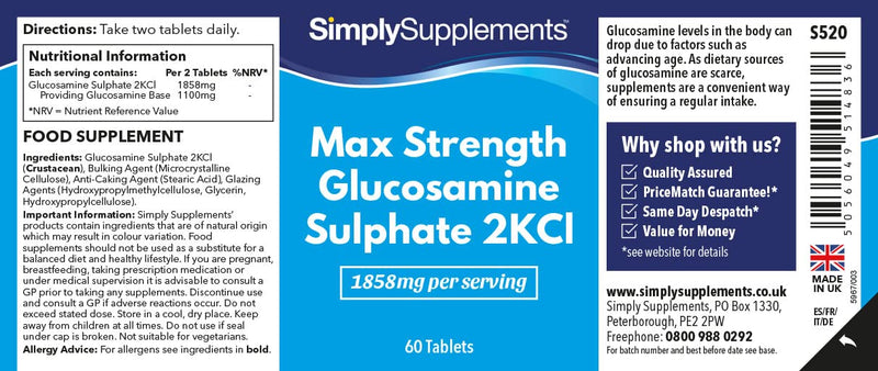 [Australia] - Maximum Strength Glucosamine Sulphate 2KCl | 1858mg Per Serving | 2 x 60 Tablet Bottles = 120 Tablets Total | Manufactured in The UK 