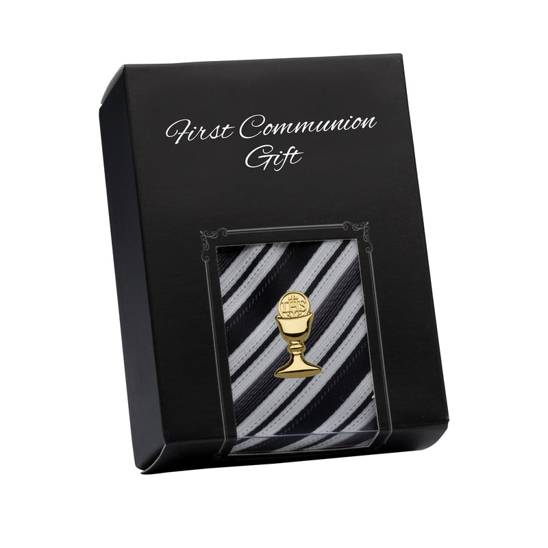 [Australia] - Boys First Communion Tie and Chalice Tie Pin in Gold-Tone, 45-inch Black Stripe Tie 