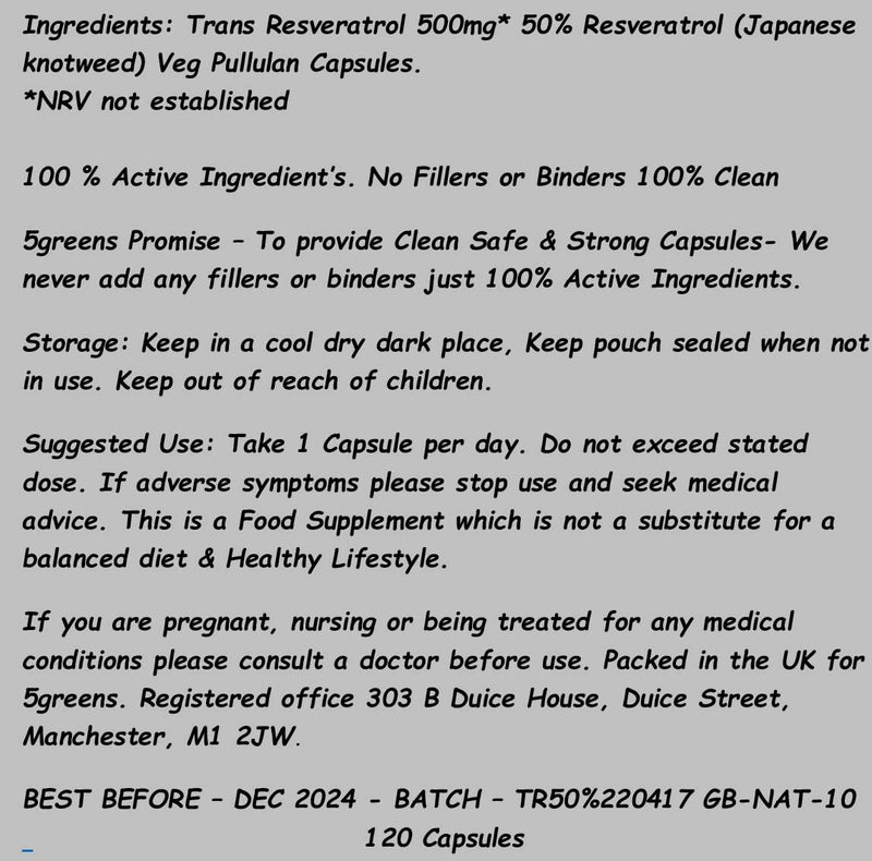 [Australia] - Trans Resveratrol 500mg Veg Capsules 50% Trans Resveratrol from Japanese Knotweed Extract | 120 Vegan Capsules | High Antioxidant Gluten Free, Non-GMO No Fillers / Binders 100% Natural 