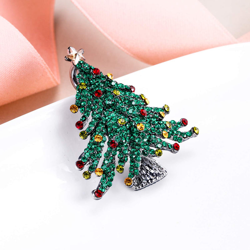 [Australia] - EVER FAITH Austrian Crystal Stunning Winter Christmas Tree w/Little Star Brooch Green Black-Tone 