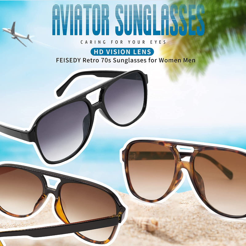 [Australia] - FEISEDY Vintage Retro 70s Plastic Aviator Sunglasses Women Men Classic Large Squared Frame B2751 Black 60 Millimeters 