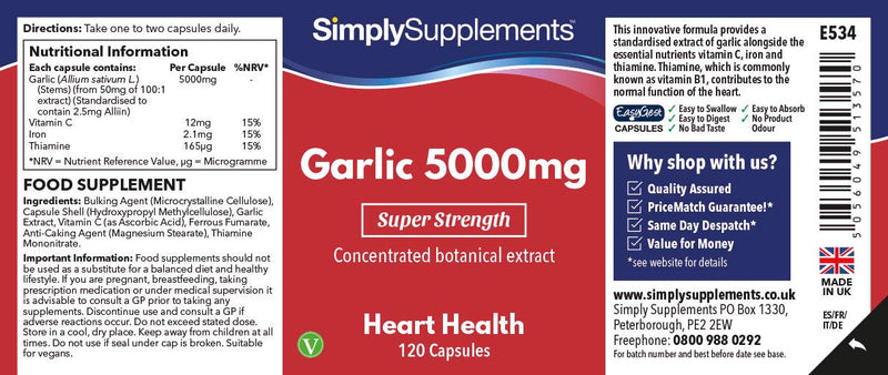 [Australia] - Garlic Capsules 5000mg | Vegan & Vegetarian Friendly | 120 Capsules = Up to 4 Month Supply | High Strength Odourless Garlic Supplement for Healthy Heart & Circulation | Manufactured in The UK 