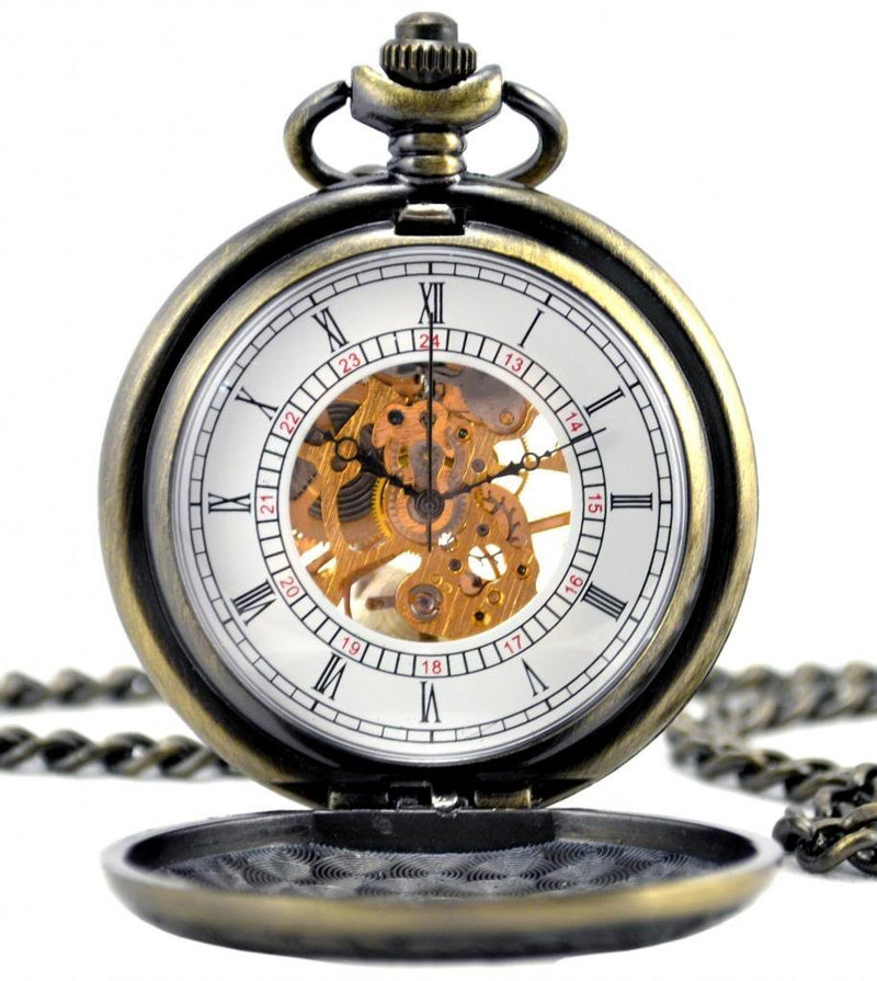 [Australia] - Infinite U High-end Dual Time Display Hollow Skeleton Steel Mechanical Pocket Watch Bronze 