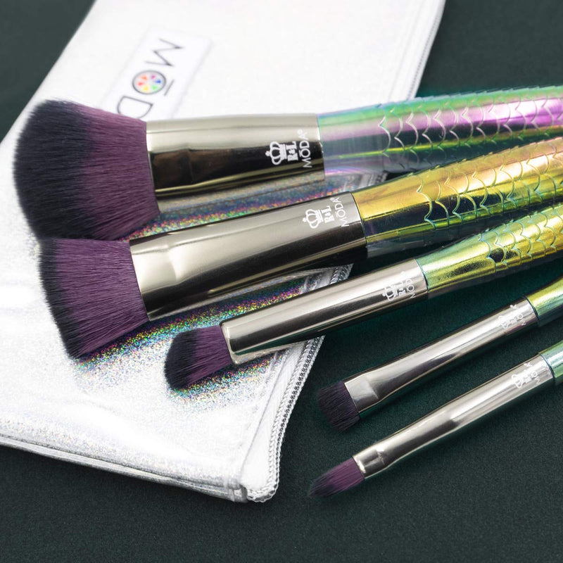 [Australia] - MODA Full Size Mythical Dark Dragon 6pc Makeup Brush Set with Pouch, Includes - Powder, Contour, Angle Shader, Smudger, and Precision Lip Brushes, Green Ombre 