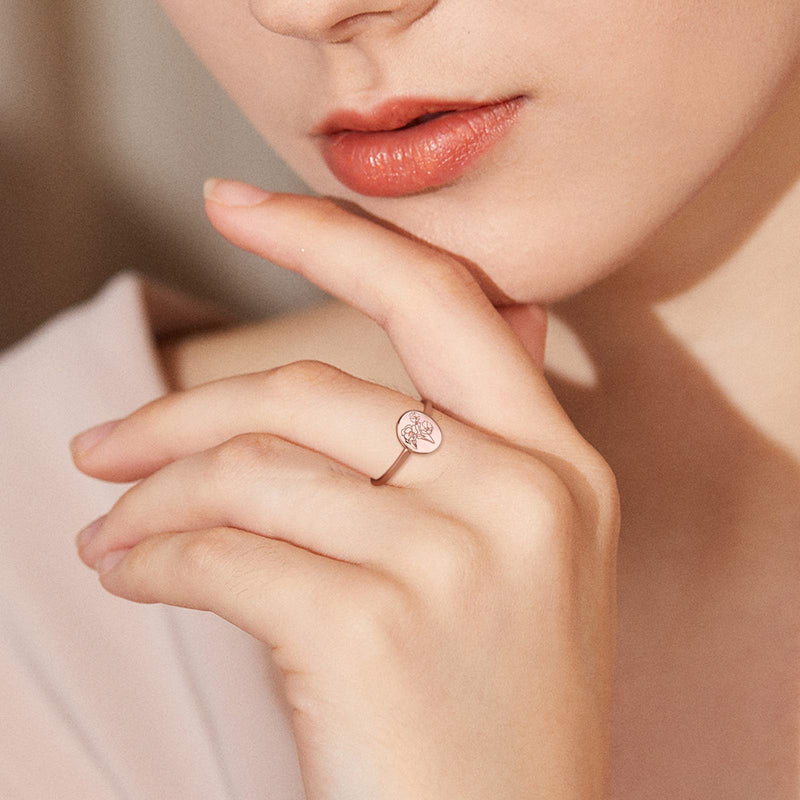 [Australia] - YeGieonr Handmade Flower Signet Ring -18K Gold Ring-Minimalistic Statement Ring with Botanical Engraved- Delicate Personalized Jewelry Gift for Women/Girls Plant Ring-Rose Gold 5 