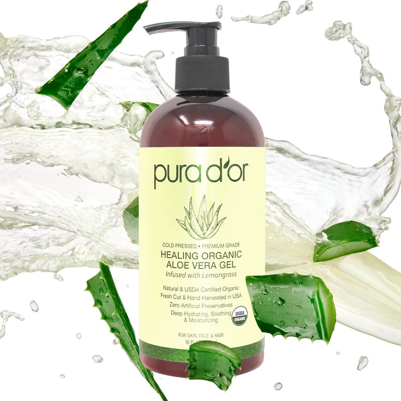 [Australia] - PURA D'OR Organic Aloe Vera Gel Lemongrass (16oz) All Natural - ZERO Artificial Preservatives - Deeply Hydrating & Moisturizing - Sunburn, Bug Bites, Rashes, Small Cuts, Eczema Relief - Skin & Hair 