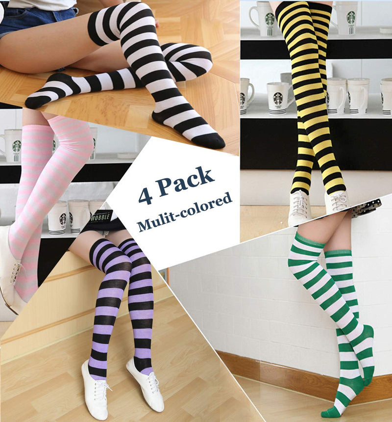 [Australia] - Ibeauti 8 Pcs Womens Striped Knee High Socks Stockings Knitted Long Arm Warmer Fingerless Gloves Set Bright Color 