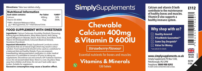 [Australia] - Chewable Calcium & Vitamin D3 Tablets | Vegetarian Friendly | Popular Supplement to Support Bone Health & Immune System | 120 Tablets | Manufactured in The UK 