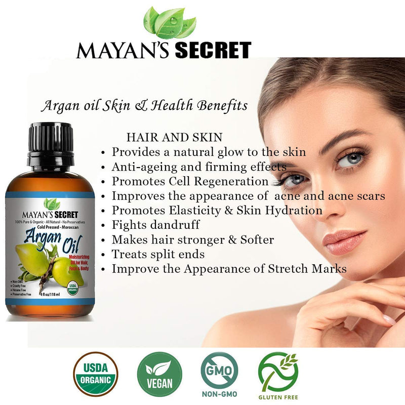 [Australia] - USDA Certified Organic Argan Oil For Hair, Skin, Face, Nails, Beard & Cuticles - Best 100% Pure Moroccan Aging skin , Wrinkles Beauty Secret, Cold Pressed Moisturizer 4oz 