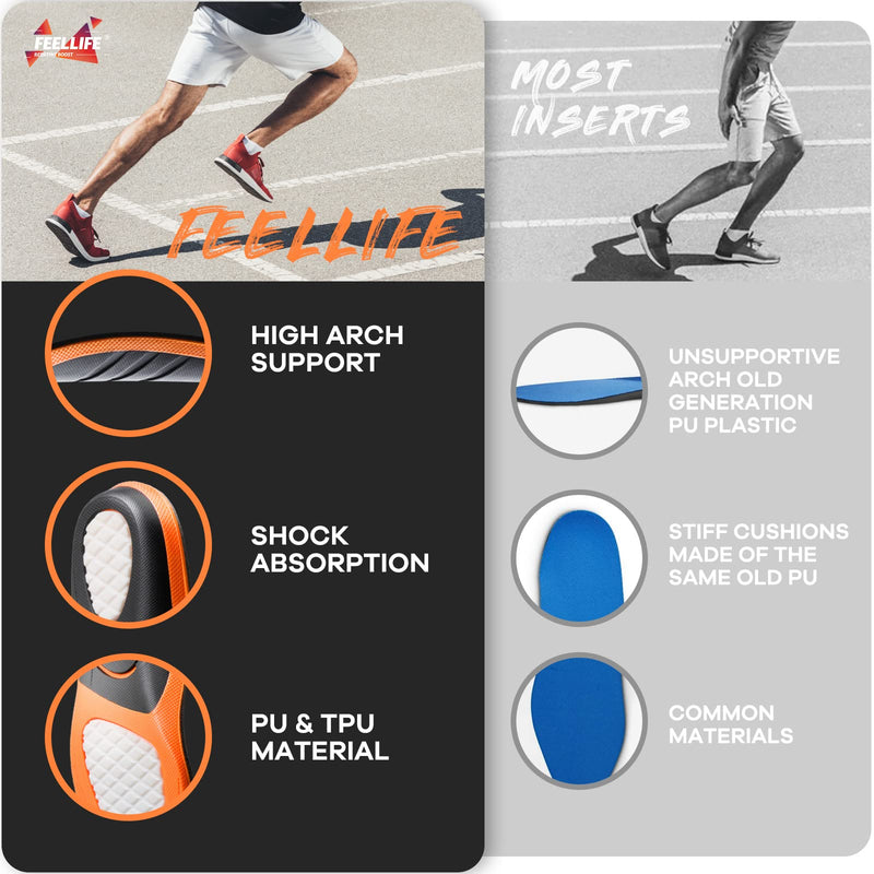 [Australia] - FeelLife Plantar Fasciitis Relief Shoe Inserts, Arch Support Insoles, Running Athletic Gel Shoe Insoles, Orthotic Insoles for Arch Pain, Trim to Fit: Men 8-11/Women 9-12, 1 Pair Black & Orange L(Men 8-11/Women 9-12) 