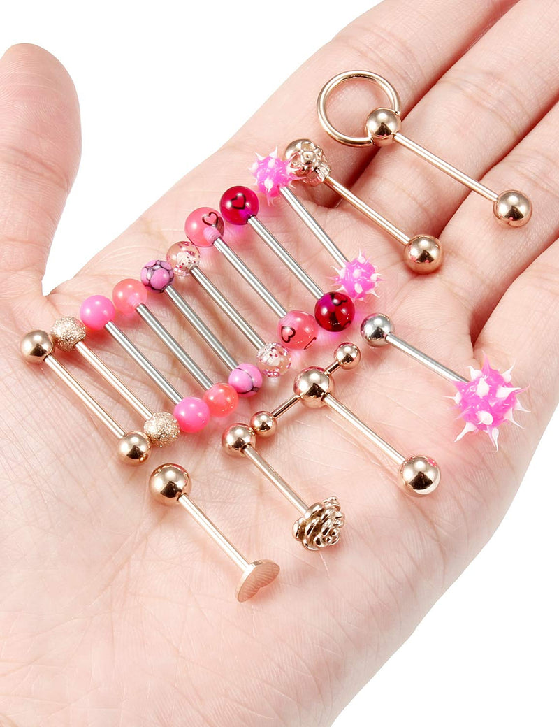 [Australia] - Kadogohno Tongue Rings Tongue Piercing Jewelry 14G Tongue Rings Surgical Steel for Women Body Piercing Barbells Jewelry for Men Skull Teaser Double Barbell with Slave Ring Rose Gold 15PCS 