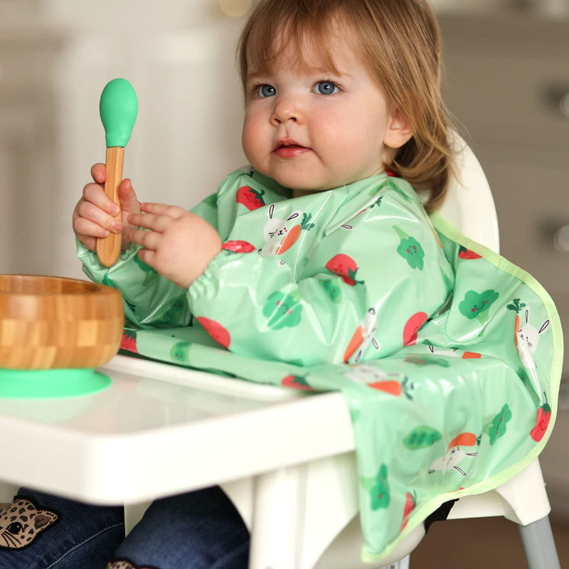 [Australia] - Bibetta Wipeezee XL Coverall Weaning Bib - Baby Bib with Sleeves - Wipe Clean Coverall Bib for Baby and Highchair Baby Led Weaning Unisex for Babies and Toddlers 6 Months +… Green - Bunny & Veg 