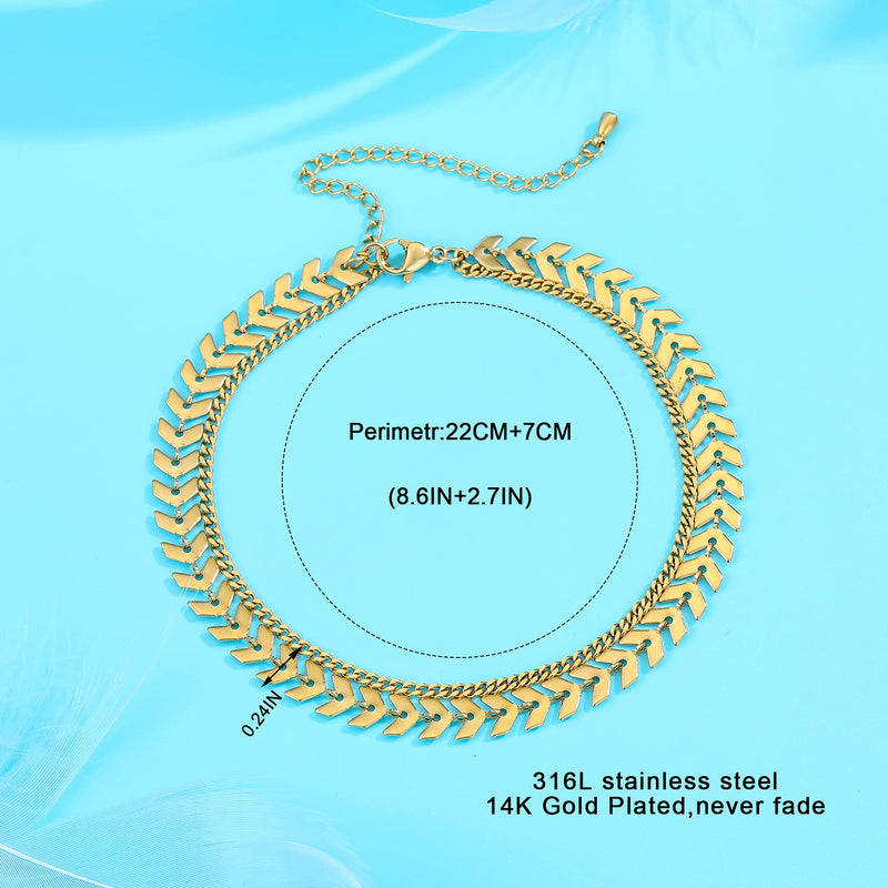 [Australia] - sovesi Gold Ankle Bracelets for Women Stainless Steel Flat Snake Chain Link Gold Anklet Dainty Beach Anklets for Women 01 Fishionbone Anklet 