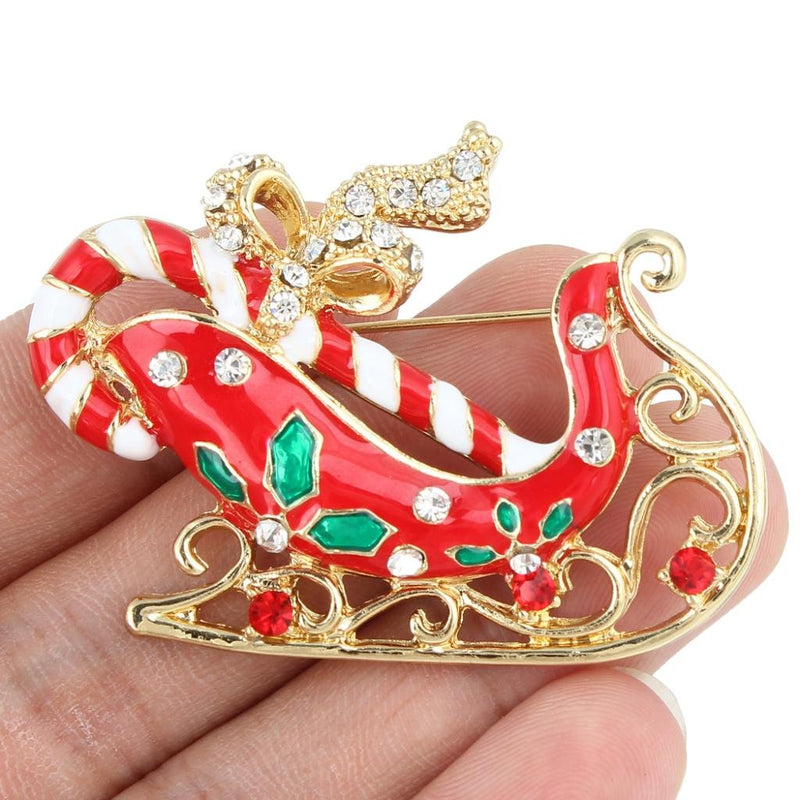 [Australia] - EVER FAITH Red Santa Claus Sleigh Candy Cane Bowknot Brooch Austrian Crystal Gold-Tone 