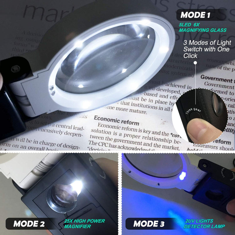 [Australia] - Magnifying Glass with Light and Stand Hands Free, LED Lighted Magnifier Adjustable Folding, Illuminated Magnifying Glass Portable for Reading, Exploring, Hobbies & Crafts 6X 25X 