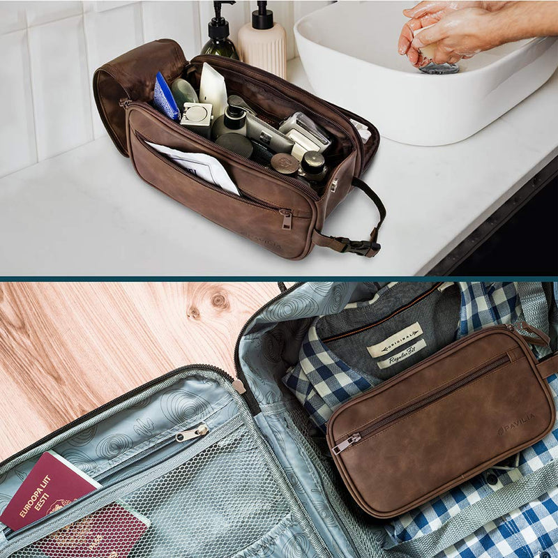 [Australia] - PAVILIA Toiletry Bag for Men, Travel Toiletries Bag|Water-resistant Dopp Kit, Leather Shaving Organizer for Cosmetic, Hygiene One Size Brown 