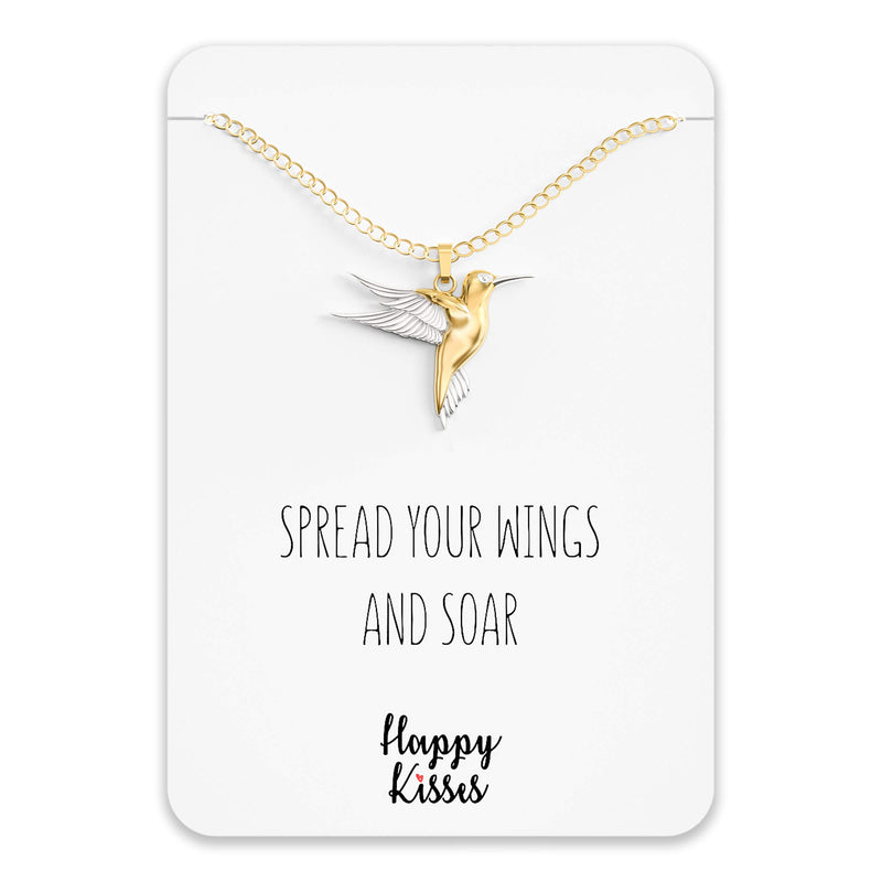 [Australia] - Happy Kisses Hummingbird Necklace Gift – Cute Humming Bird Pendant – Charm Jewelry for Women, Girls and Kids – with Message Card 