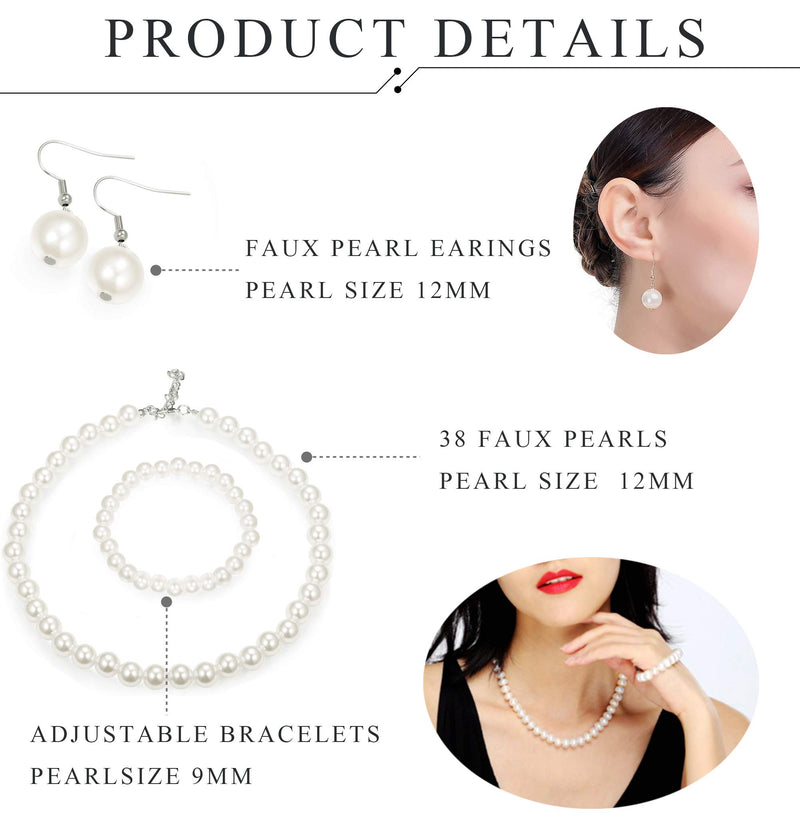 [Australia] - Finrezio Faux Pearl Crystal Necklace Earring Bracelet Set for Women Wedding Bridal Jewelry 