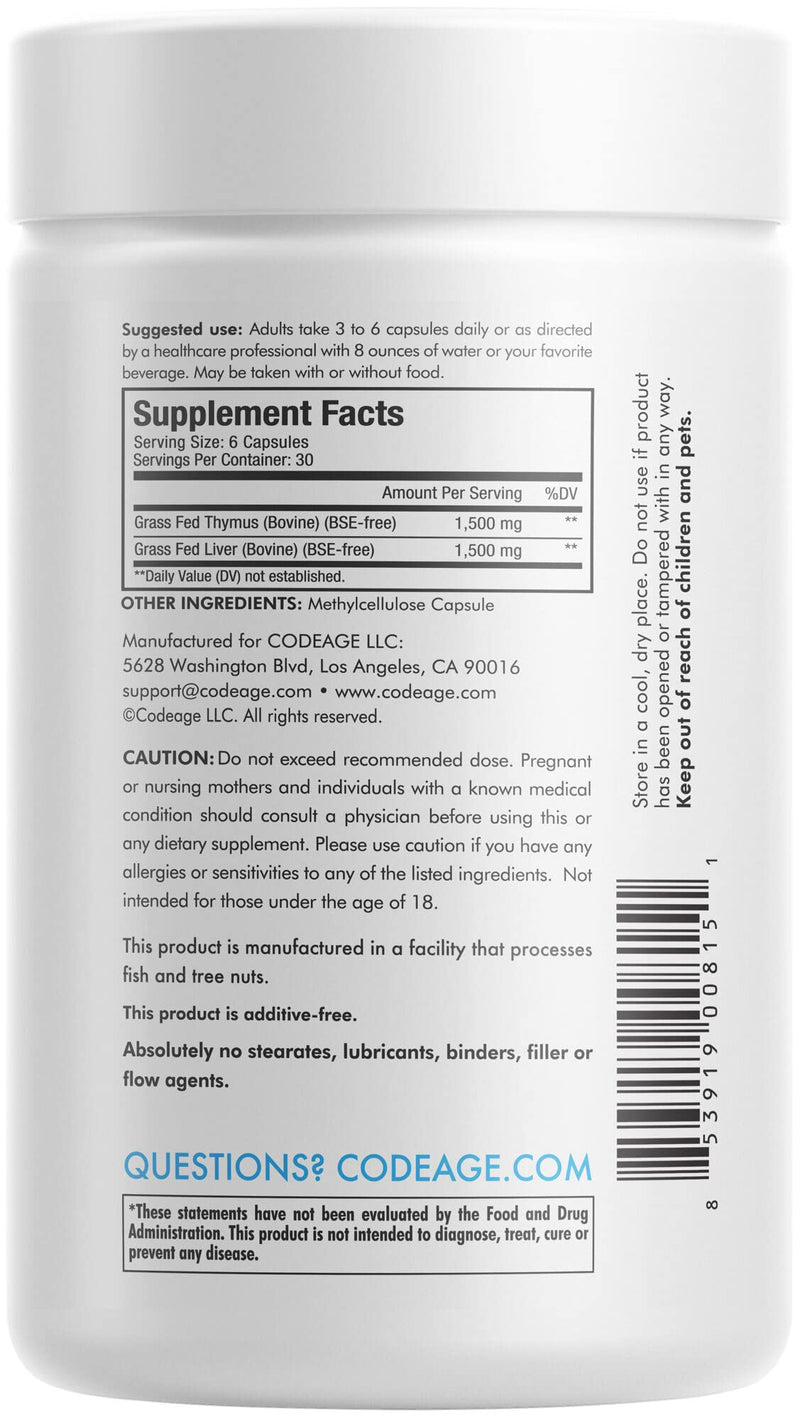 [Australia] - Codeage Grass Fed Beef Thymus Supplement - Freeze Dried, Non-Defatted, Desiccated Beef Thymus & Liver Pills Glandulars Meat – Pasture Raised Argentina Beef Vitamins for Thymus - Non-GMO -180 Capsules 