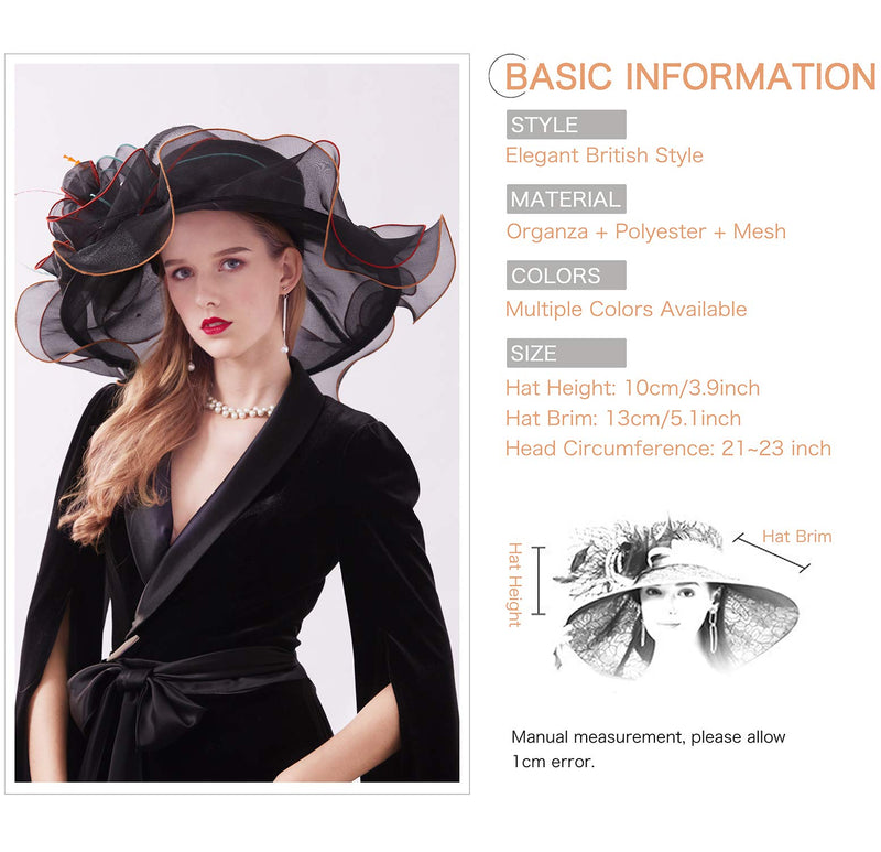 [Australia] - Z&X Women Kentucky Derby Church Hat Organza Flower Wide Brim Fascinator Hats for Wedding Tea Party, Dual-use 1901- Black 