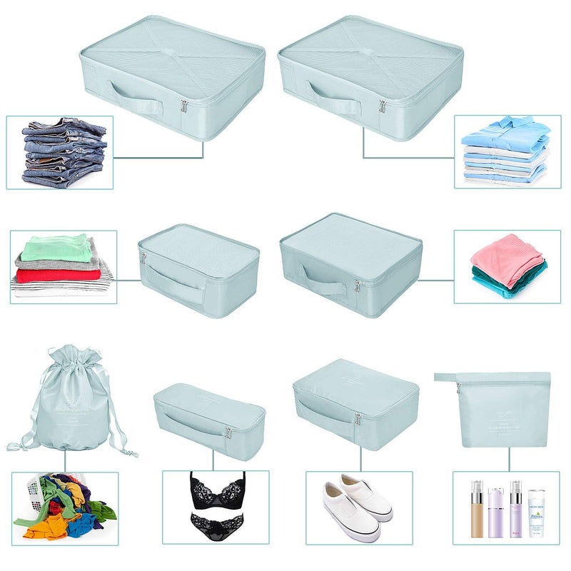 [Australia] - BETLLEMORY Packing Cubes 8 Sets Travel Luggage Organizers with Waterproof Shoe Storage Bag Compression Pouches(Blue Grey) Blue Grey 
