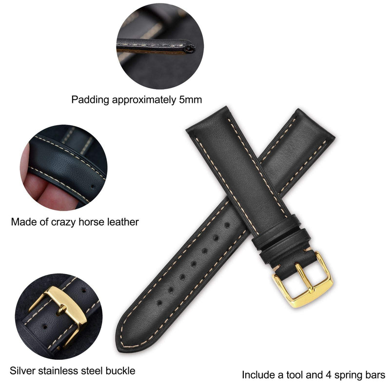 [Australia] - WOCCI Watch Band 14mm 16mm 18mm 19mm 20mm 21mm 22mm 23mm 24mm - Vintage Leather Watch Strap,Choice of Color and Width 14mm - 9/16" Black / Contrasting Stitch 