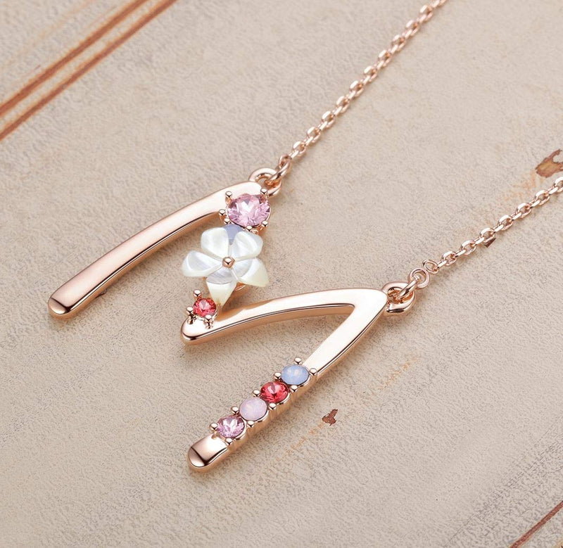 [Australia] - Flower Initial Necklace Amethyst Pink Ruby Red Opal Blue Simulated Pearl Pendant Name Jewelry Made with Swarovski Crystals Rose Gold Plated Anniversary Birthday Gifts for Women Girl,18"+2" Letter M 