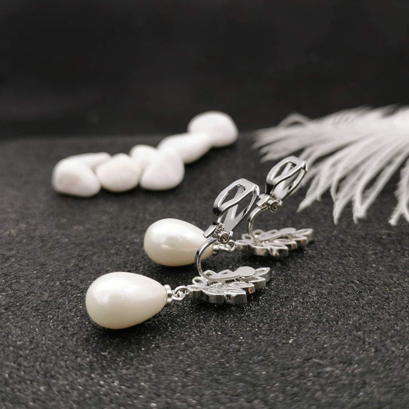[Australia] - QUKE Women Silver Tone Cubic Zirconia Crystal Simulated Pearl Dangle Bridal Earring Lady Wedding Jewellery Clip on 