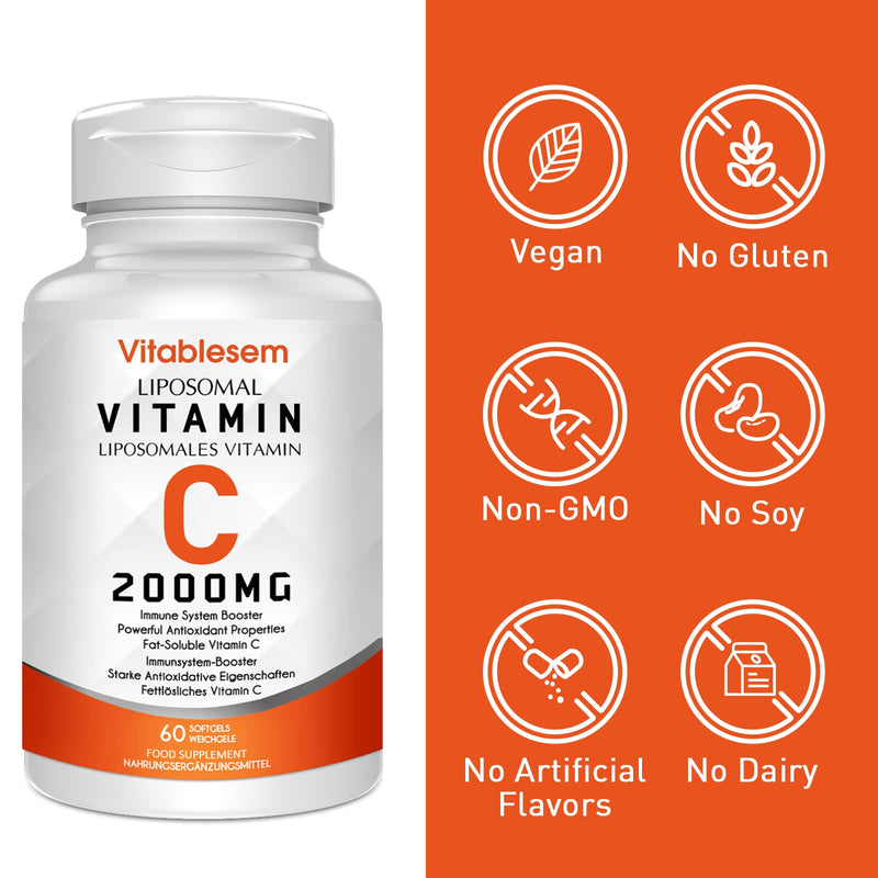 [Australia] - Liposomal Vitamin C Capsules 2000mg - High Strength Gluten Free & Vegan Ascorbic Acid - Immune Support Antioxidant Supplement - Non-GMO 60 Count (Pack of 1) 