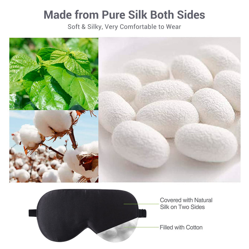 [Australia] - LaCourse 100% Natural Mulberry Silk Eye Mask for Sleeping with 4Pair EarPlugs & Travel Pouch. Soft, Smooth Sleeping Mask, Blocking Out Light. Adjustable Silk Sleep Eye Mask for Women&Men, Black Black With 4pair Earplugs 